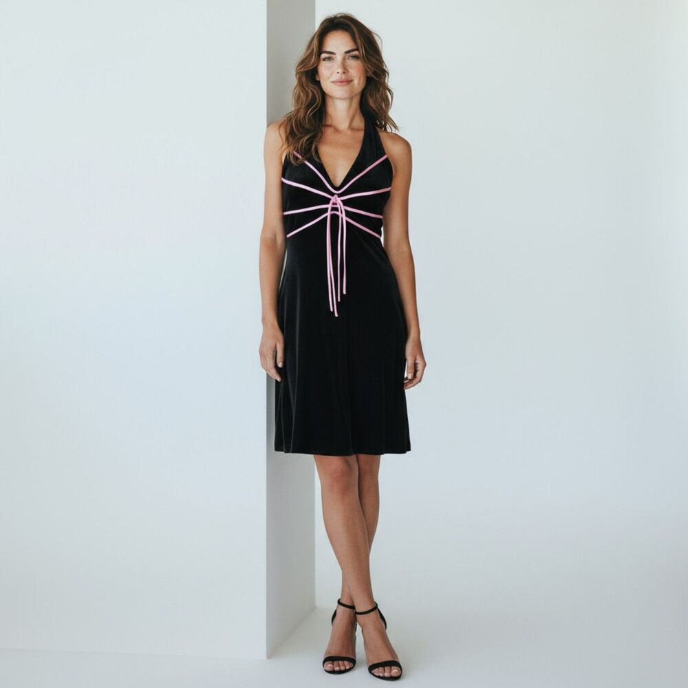 Vtg Y2K sz 11 Small soft flowy velour black pink midi halter dress retro party